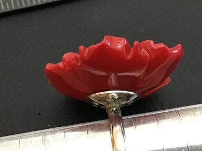 Vintage Carved Red Resin Flower Ring with Faux Pearl Accent