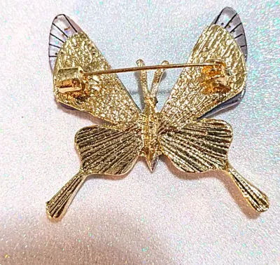 **NEW ARRIVAL** Half Acrylic VIOLET & GREEN Winged BUTTERFLY BROOCH (1½" x 1¼") with Lower Wings a Bright Jeweled Clear...