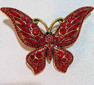 **NEW ARRIVAL** Jeweled RED Marquise-Cut & Round Stones BUTTERFLY BROOCH (2½" x 1¾") with Thick Gold Colored...