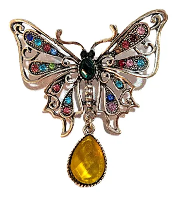 **NEW ARRIVAL** Beautiful Jeweled MULTICOLOR "PLUMES" BUTTERFLY BROOCH (2½" x 2½") with Large Yellow Dangle Stone,...