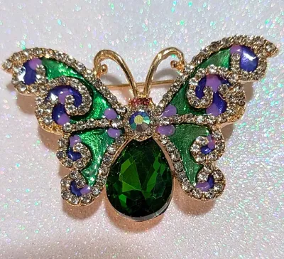 **NEW ARRIVAL** Small ENAMELED BLUE, LAVENDER & GREEN BASE BUTTERFLY BROOCH (1½" x 1") with Large Green Teardrop Stone,...