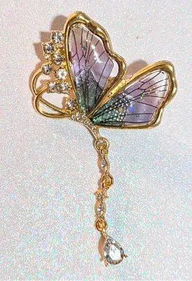 **NEW ARRIVAL** Beautiful Transparent Acrylic PURPLE & GREEN Winged Side-View BUTTERFLY BROOCH (2½" x 1½") with Jeweled...