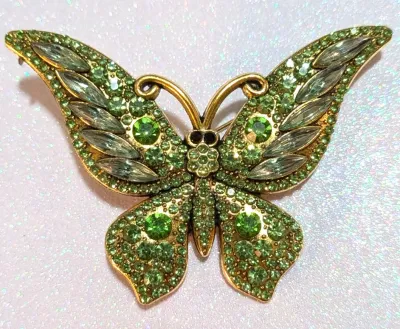 **NEW ARRIVAL** Jeweled GREEN Marquise-Cut & Round Stones BUTTERFLY BROOCH (2½" x 1¾") with Thick Gold Colored...