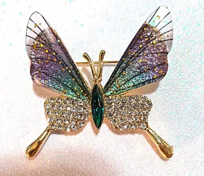 **NEW ARRIVAL** Half Acrylic VIOLET & GREEN Winged BUTTERFLY BROOCH (1½" x 1¼") with Lower Wings a Bright Jeweled Clear...