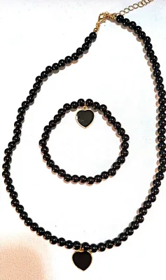 ALL BLACK HEART BEADED NECKLACE & BRACELET JEWELRY SET with NECKLACE (15" L + Single Heart, Black Beads Chain/Gold Tone Lobster...