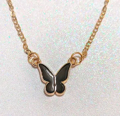 ***NEW ARRIVAL *** Delicate Enameled BLACK BUTTERFLY JEWELRY SET with NECKLACE (16" L+Gold Colored Edged Small Butterfly+Gold Tone...