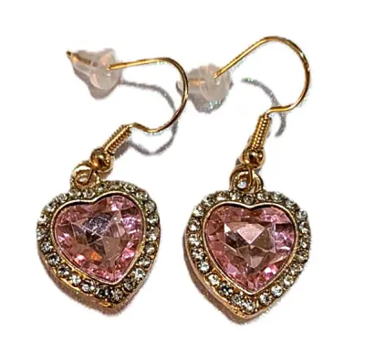 **NEW ARRIVAL **PINK HEART BEJEWELED JEWELRY SET with DOUBLE STRAND NECKLACE (16" L + Jeweled Surround Heart + Gold Tone...