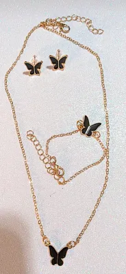 ***NEW ARRIVAL *** Delicate Enameled BLACK BUTTERFLY JEWELRY SET with NECKLACE (16" L+Gold Colored Edged Small Butterfly+Gold Tone...