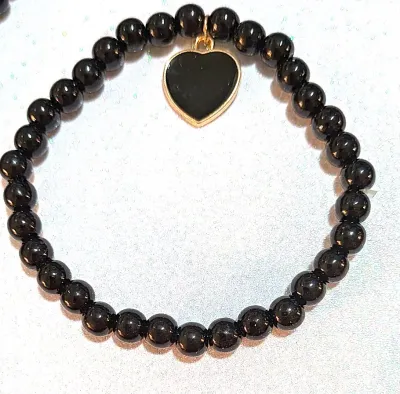 ALL BLACK HEART BEADED NECKLACE & BRACELET JEWELRY SET with NECKLACE (15" L + Single Heart, Black Beads Chain/Gold Tone Lobster...