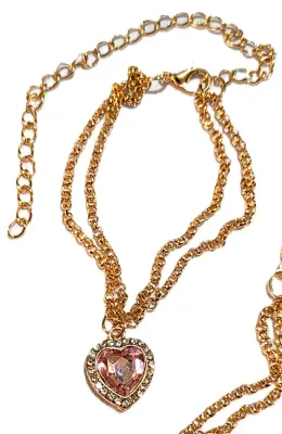 **NEW ARRIVAL **PINK HEART BEJEWELED JEWELRY SET with DOUBLE STRAND NECKLACE (16" L + Jeweled Surround Heart + Gold Tone...