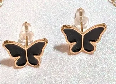 ***NEW ARRIVAL *** Delicate Enameled BLACK BUTTERFLY JEWELRY SET with NECKLACE (16" L+Gold Colored Edged Small Butterfly+Gold Tone...