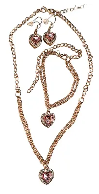 **NEW ARRIVAL **PINK HEART BEJEWELED JEWELRY SET with DOUBLE STRAND NECKLACE (16" L + Jeweled Surround Heart + Gold Tone...