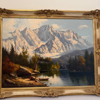 Framed Mountain Landscape Oil on Canvas Painting (P-MG)