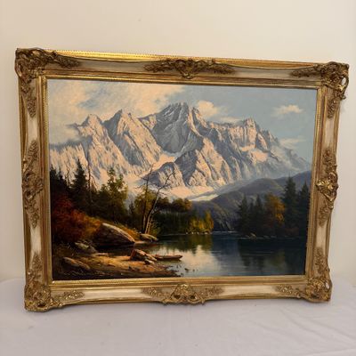 Framed Mountain Landscape Oil on Canvas Painting (P-MG)