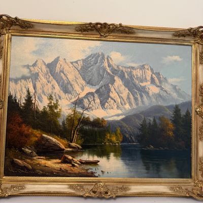 Framed Mountain Landscape Oil on Canvas Painting (P-MG)