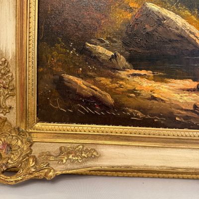 Framed Mountain Landscape Oil on Canvas Painting (P-MG)