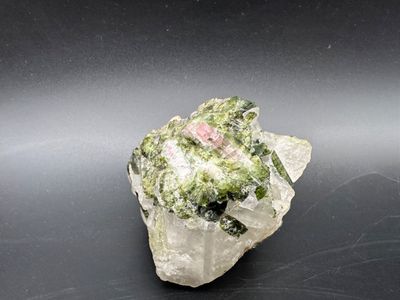 Quartz and Green Epidote Mineral Specimen with Brass Turtle