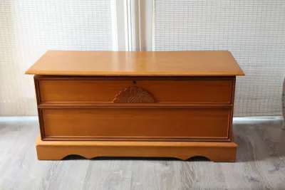Cedar-Lined Wood Storage Chest with Carved Detail