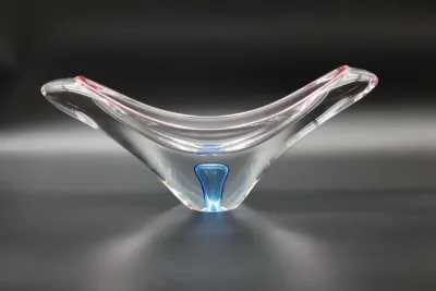 Large Clear Art Glass Centerpiece with Pink & Blue Accents