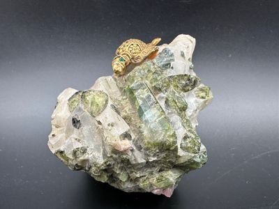 Quartz and Green Epidote Mineral Specimen with Brass Turtle