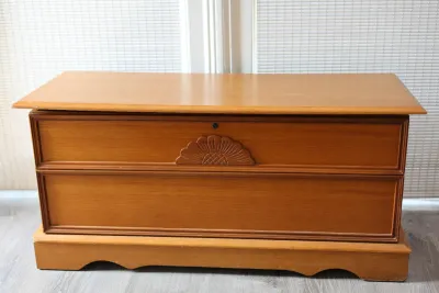 Cedar-Lined Wood Storage Chest with Carved Detail
