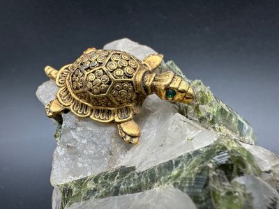 Quartz and Green Epidote Mineral Specimen with Brass Turtle