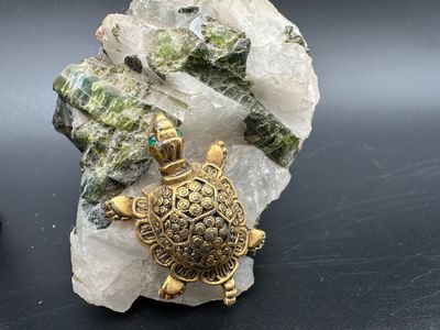 Quartz and Green Epidote Mineral Specimen with Brass Turtle