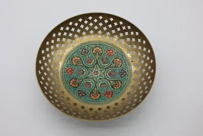 Vintage Indian Pierced Brass & Enamel Floral Bowl