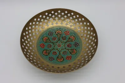 Vintage Indian Pierced Brass & Enamel Floral Bowl