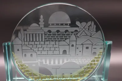 Etched Glass Jerusalem Cityscape Sculpture with Gold Accents