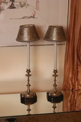 Pair of Tall Silver-Tone Candlestick Buffet Lamps