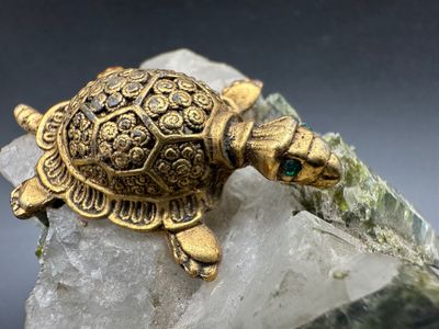 Quartz and Green Epidote Mineral Specimen with Brass Turtle