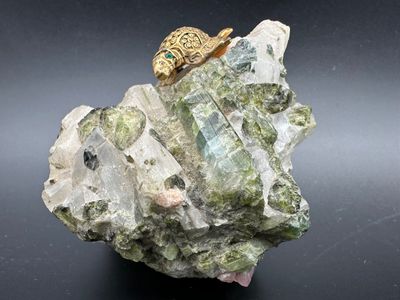 Quartz and Green Epidote Mineral Specimen with Brass Turtle