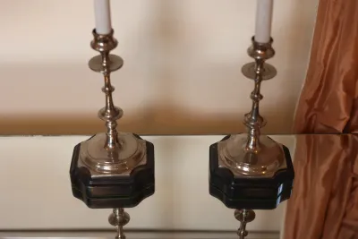 Pair of Tall Silver-Tone Candlestick Buffet Lamps