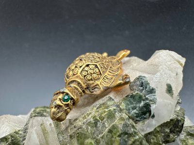 Quartz and Green Epidote Mineral Specimen with Brass Turtle