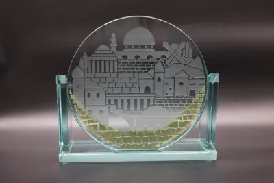 Etched Glass Jerusalem Cityscape Sculpture with Gold Accents