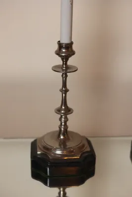 Pair of Tall Silver-Tone Candlestick Buffet Lamps