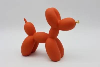 Modern Orange Balloon Dog Sculpture with Gold Nose