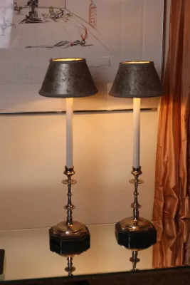 Pair of Tall Silver-Tone Candlestick Buffet Lamps
