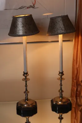 Pair of Tall Silver-Tone Candlestick Buffet Lamps