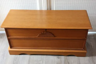 Cedar-Lined Wood Storage Chest with Carved Detail
