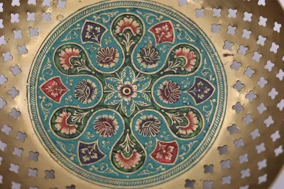 Vintage Indian Pierced Brass & Enamel Floral Bowl