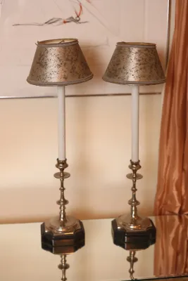Pair of Tall Silver-Tone Candlestick Buffet Lamps