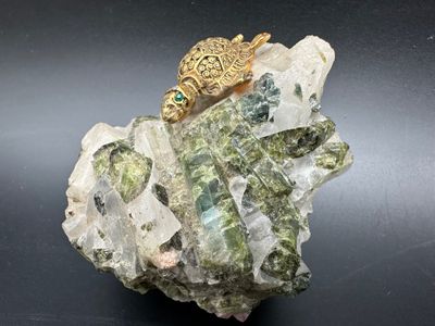 Quartz and Green Epidote Mineral Specimen with Brass Turtle