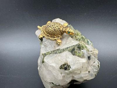 Quartz and Green Epidote Mineral Specimen with Brass Turtle