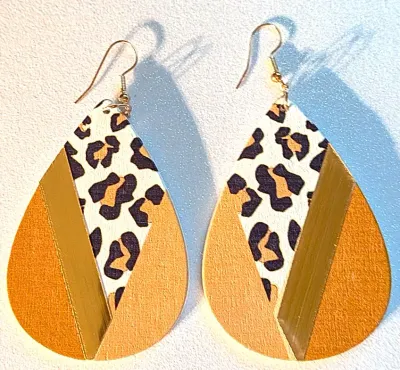 **NEW ARRIVAL** Fun Large WOODEN EARRINGS with Colorful TEARDROP Shape in "TIGER SPOTS" Style with WIRE HOOK Clasp
