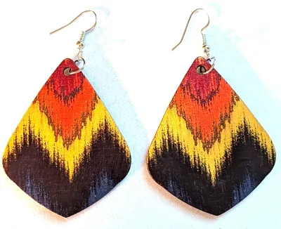 **NEW ARRIVAL** Fun Large WOODEN EARRINGS with Colorful PRISM Shape in "FIRE-Y" Red, Black, Yellow with WIRE HOOK Clasp
