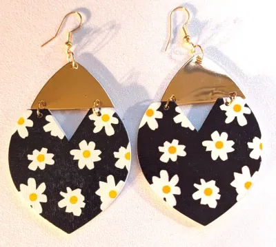 **NEW ARRIVAL** Fun Large WOODEN EARRINGS with Colorful HEART Shape with SEGMENTED Gold Top in Yellow & White Flowers + WIRE HOOK Clasp