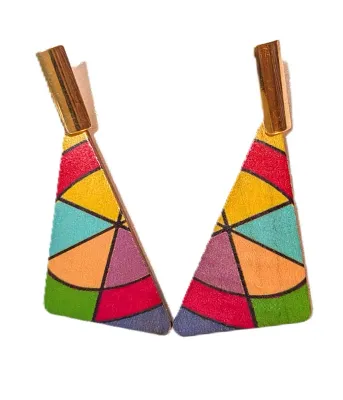 **NEW ARRIVAL** Fun Large WOODEN EARRINGS with Colorful Off-Set TRIANGLE Shape in Red, Orange, Yellow & Purple with Stud Post &...