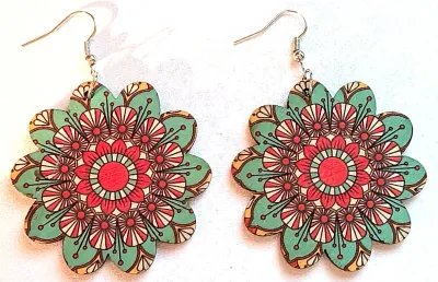 **NEW ARRIVAL** Fun Large WOODEN EARRINGS with Colorful CIRCLE Shape in Red & Green Flower Pattern with WIRE HOOK Clasp